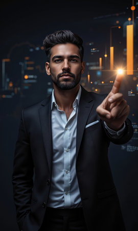 Black male entrepreneur with neatly styled hair, confidently pointing towards a glowing bar chart of success while interacting with floatingの素材