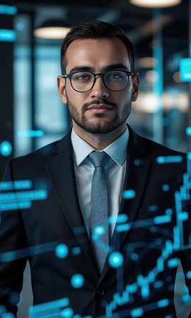Middle Eastern male executive with a sharp, short haircut and glasses, standing with arms slightly raised as glowing data pointsの素材