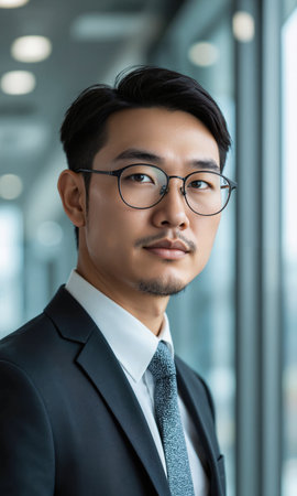 East Asian male CEO with side-parted hair and sleek modern glasses, standing tall as vertical charts rise beside him, hisの素材