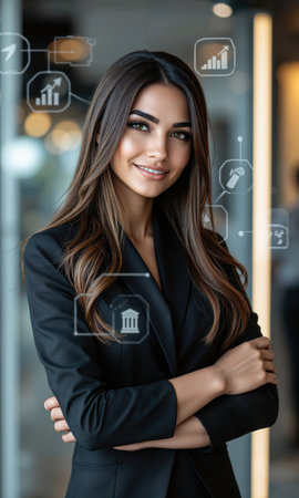 Middle Eastern female business leader with sleek, shoulder-length hair, standing confidently with a slight smile, while interacting with floating digitalの素材