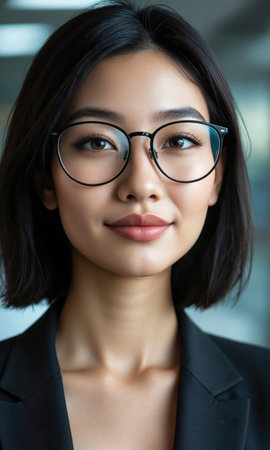 East Asian female CFO with classic black bob and subtle rimless glasses, her soft smile revealing serene confidence as digitalの素材