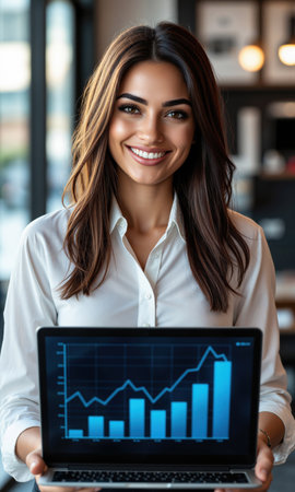 Hispanic female professional with shoulder-length hair, confidently smiling while holding a laptop displaying financial growth graphs, symbolizing her roleの素材
