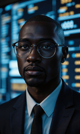 Black male executive with shaved head and clear-framed glasses, his posture tall and unshaken as IPO data scrolls behind himの素材