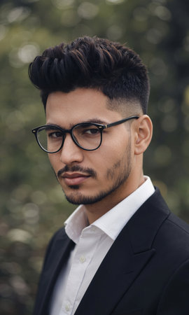 Latino male with textured top fade and bold circular glasses, his determined face intersected by sharp diagonal lines, symbolizing accelerationの素材