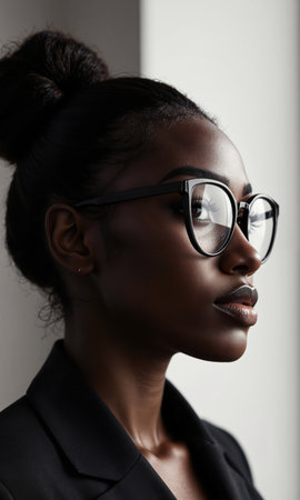 Black female CFO with coiled bun and wide-frame glasses, watching balanced ESG finance metrics rotate gently, her lips pressedの素材