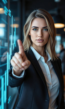 White female professional with medium-length hair and a blazer, pointing toward a virtual growth chart, embodying her commitment to advancingの素材