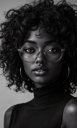 Black female innovator with tight curls cascading around her face, her expressive eyes magnified by clear retro glasses, glowing softlyの素材