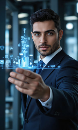 Middle Eastern male entrepreneur with short hair and a modern suit, gazing confidently while interacting with floating holographic dataの素材