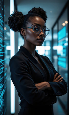 Black woman with neatly styled coils and translucent business glasses, standing with folded arms, eyes narrowed in analysis as culturalの素材