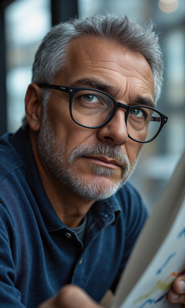 White male venture capitalist with brushed-back silver hair and vintage-style frames, examining projected startup timelines, expression relaxed but discerning, symbolizingの素材