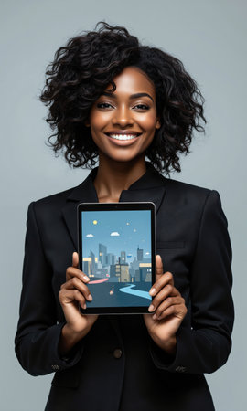Black female business leader with natural curls, smiling while holding a tablet displaying abstract icons representing technology and sustainability, symbolizingの素材