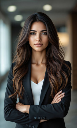 Hispanic woman with long, wavy hair styled elegantly, standing confidently with a slight smile, her gaze focused on digital technologyの素材