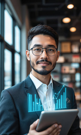 Asian male entrepreneur with a neat beard and short hair, confidently holding a tablet displaying financial growth graphs, symbolizing hisの素材