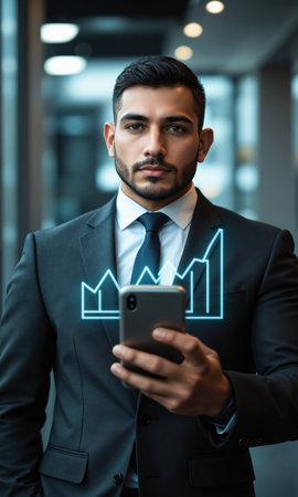 Hispanic male business leader with clean-cut hair and a suit, confidently gesturing toward a floating display of financial projections, symbolizingの素材