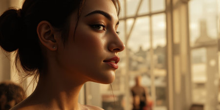 Elegant Portrait Profile A womans elegant profile captured against soft, neutral background. Her features are perfectly illuminated with classic Rembrandtの素材