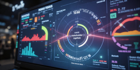 Data Analytics Stock market Business insights Graphs shown on monitor for strategic decisions in office todayの素材