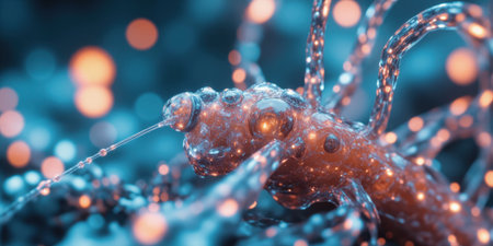 Neurons Network Brain: Orange artificial neurons connect, simulate brain activity, modern science project.の素材