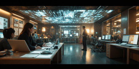 Office Workstations Monitors People Working daytime for intelligence analysis.の素材