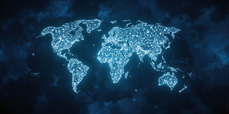 Global Connection World Map on Blue A stylized, illuminated world map projected onto a textured, deep blue background. Represents globalの素材