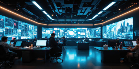 Digital Canvas of Enterprise A panoramic view of an expansive innovation lab where interactive screens display luminous business graphics andの素材