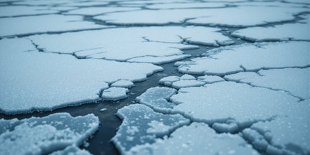 Frozen Lake Surface Close-up of a frozen lake surface, with intricate patterns and cracks in the ice. Cool blue tonesの素材