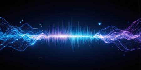 Digital Rhythm Soundwave Visualization Glowing, pulsating soundwaves in shades of neon blue and purple visualize a dynamic rhythm againstの素材