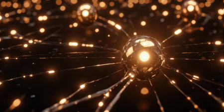 Networks Lights Spheres: Data flowing through network visualized by glowing spheres on dark background.の素材