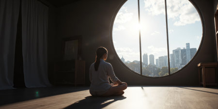 Meditation yoga window Woman meditates indoors morning sunlight, finding peaceの素材