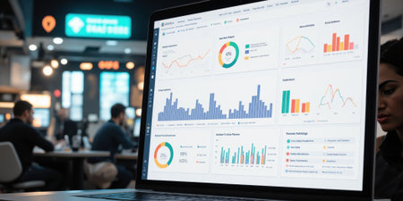 Data analytics, dashboard, business charts shown on laptop in office by staff during work timeの素材