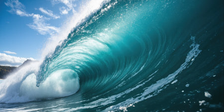Abstract Wave Formation A perfect ocean wave curls into a glassy tunnel of aquamarine water, moments before breaking. Shot fromの素材