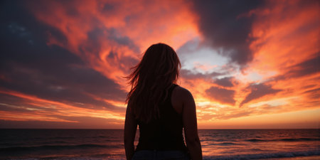 Female Silhouette Ocean Contemplation A woman stands silhouetted against a vibrant ocean sunset, her long hair flowing in the gentleの素材