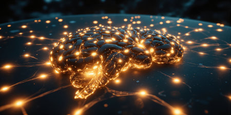 Brain AI NeuralNetworks Glowing brain connects in network, simulates thought, for science, dark backgroundの素材