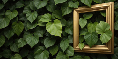 Gilded Nature Gold Frame with Greenery Green leaves with golden frames, representing nature.の素材