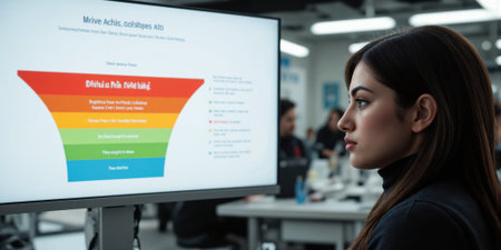 Funnel Data Analysis Woman Monitors Sales Funnel chart onscreen in modern office to improve metrics nowの素材