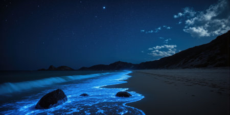 Mystical Ocean Bioluminescence A tranquil beach at night illuminated by thousands of bioluminescent plankton washing ashore with each gentle wave.の素材
