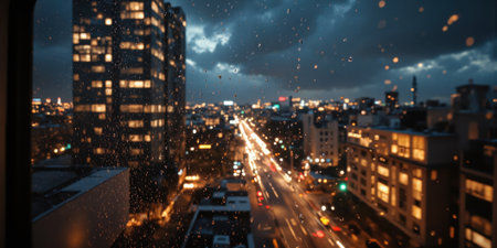 Rainy Window with City Lights A window covered in raindrops, with blurred city lights visible in the background. The lightsの素材