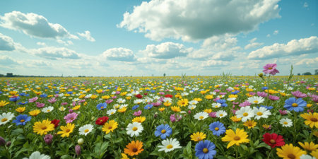 Blooming Field of Wildflowers A vast meadow explodes with colorful wildflowers stretching toward the horizon under a bright blue sky.の素材