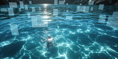 Liquidity Flow Turquoise Water with Financial Charts Clear, turquoise water with gentle ripples, overlaid with transparent financial charts and graphs.の素材