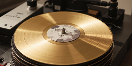 Vinyl Record Player, Music: Golden record on turntable for listening enjoyment indoors now.の素材