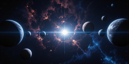 Space Planets Nebula Imaginary planets in nebula and galaxy backdrop cosmic exploration.の素材