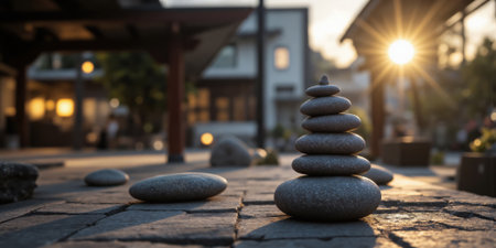 Financial Equilibrium Zen Stones Line Art with Balance Scale Line art of Zen stones with a balance scale icon, representingの素材