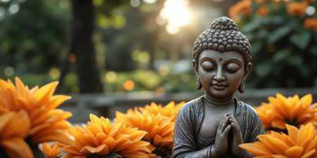 Buddha Statue with Orange Flowers A serene Buddha statue surrounded by vibrant orange flowers. Soft, diffused lighting.の素材