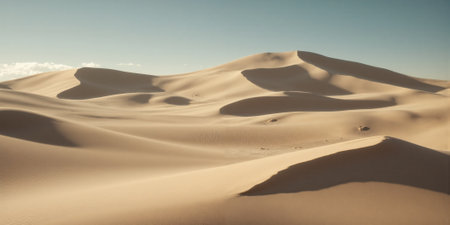 Minimalist Sand Dune Curves Pristine sand dunes create sweeping S-curves across the desert landscape, their ridges highlighted by low angledの素材