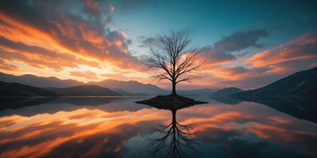 Zen Tree Silhouette at Sunset A lone, bare tree is silhouetted against a vibrant, gradient sky transitioning from orangeの素材