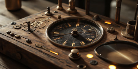 Mocha Velocity Dashboard Business acceleration metrics visualized as vintage chronograph crafted from coffee-toned burl wood with brass metallic gauge indicatorsの素材