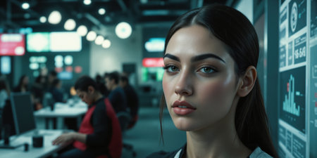 Woman Data Analytics Office Employees Monitor Screensの素材