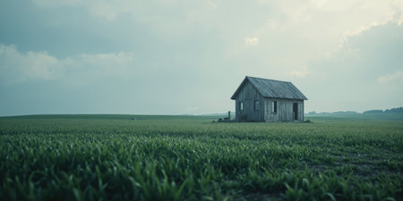 Small Wooden House in Field A small, rustic wooden house stands alone in a vast, green field. The sky isの素材