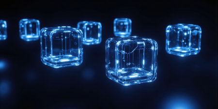 Floating 3D Cubes Multiple translucent, 3D cubes floating in a dark space. The cubes are illuminated with blue light, creatingの素材