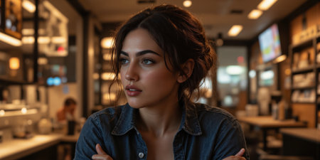 Woman Portrait Cafe Relaxing at daytime, pondering decisions in cozy atmosphere indoors.の素材