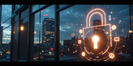 Cybersecurity Shield Building Reflection with Lock Icon A modern glass building reflecting a cityscape, overlaid with a glowing shield iconの素材